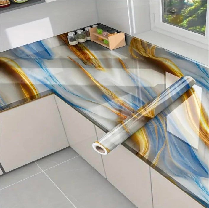 New Vinyl Marble Wallpaper Peel and Stick Waterproof Wallpaper for Home Kitchen Countertop Cabinet Furniture Oil Proof Kitchen Stickers (60X200) (SE-New Ocean Gold)