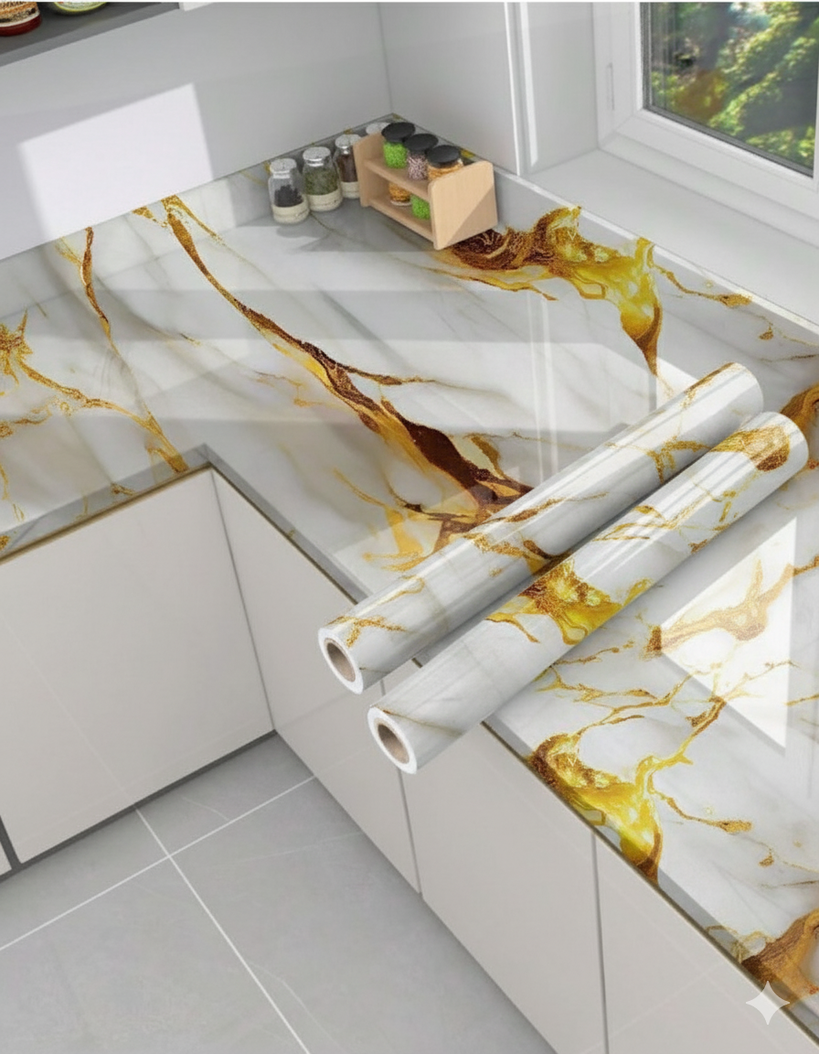 Premium Wall Stickers DIY Wallpaper Vinyl Marble Peel and Stick Waterproof Wallpaper for Home Kitchen Countertop Cabinet Furniture Oil Proof Kitchen Stickers(60x200cm) (Premium White Gold)