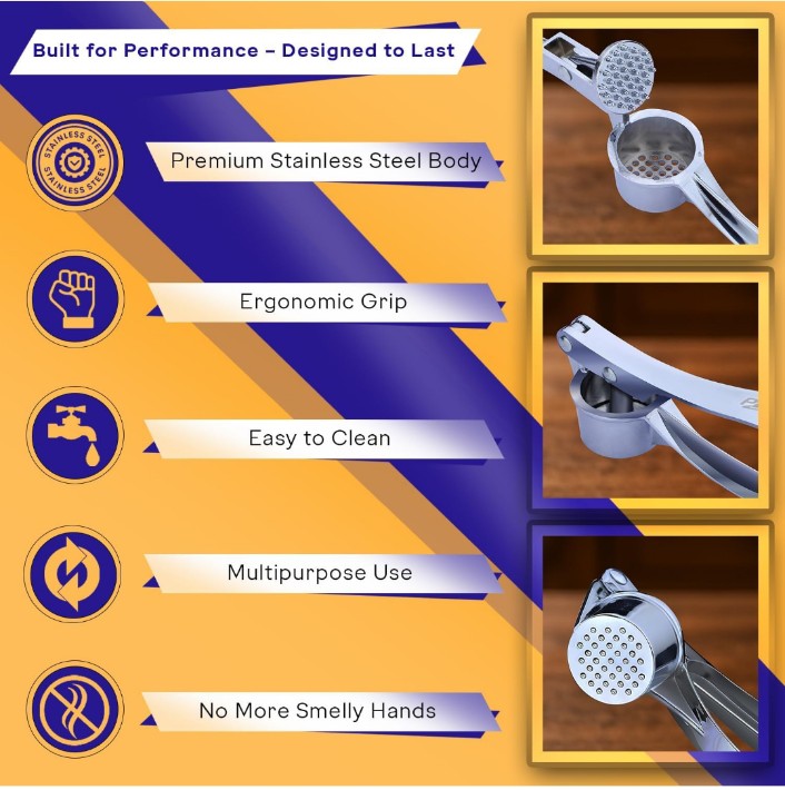 Premium Stainless Steel Garlic Crusher Presser | Manual Garlic Press | Ergonomic Handheld Garlic Chopper & Cutter for Kitchen - Rustproof & Easy to Clean.