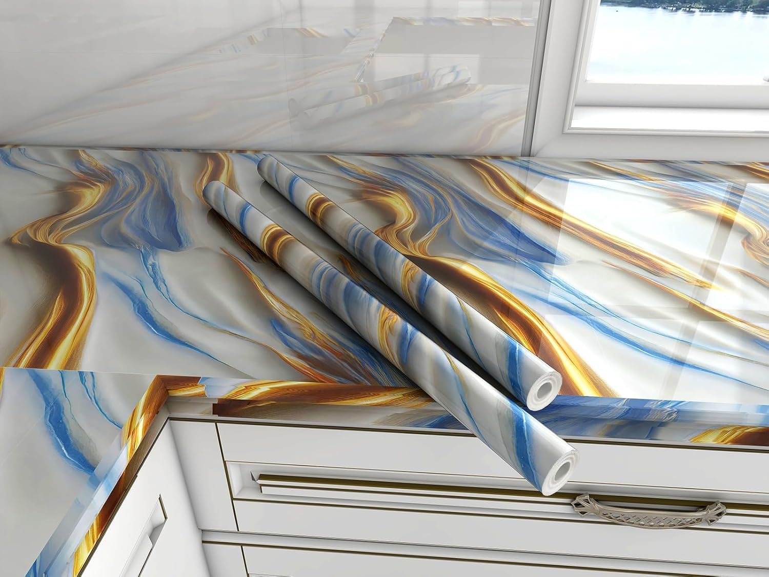 New Vinyl Marble Wallpaper Peel and Stick Waterproof Wallpaper for Home Kitchen Countertop Cabinet Furniture Oil Proof Kitchen Stickers (60X200) (SE-New Ocean Gold)