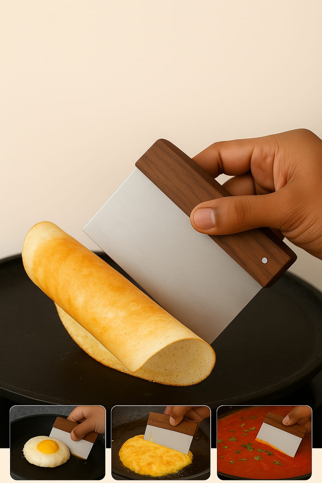 Iron Metal Dough Scraper with Wooden Handle – 10 cm × 10 cm Bench Scraper for Baking & Chopping