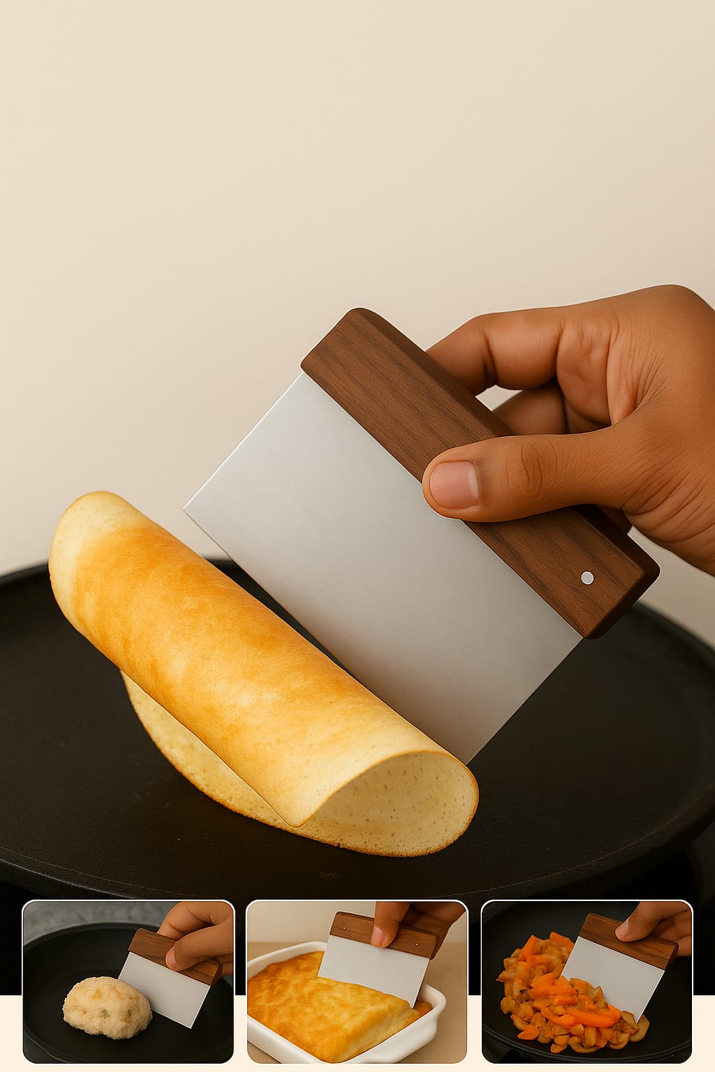 Iron Metal Dough Scraper with Wooden Handle – 10 cm × 10 cm Bench Scraper for Baking & Chopping